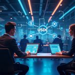 Photorealistic scene of AI agents coordinating USDC transfers on Base and Polygon networks with neon lines and USDC logos in a sleek newsroom.