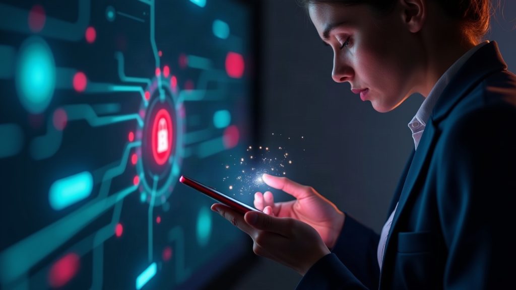 User approves an AI action through a secure wallet, glowing encrypted link to an AI agent in Algorand-inspired colors.