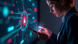 User approves an AI action through a secure wallet, glowing encrypted link to an AI agent in Algorand-inspired colors.
