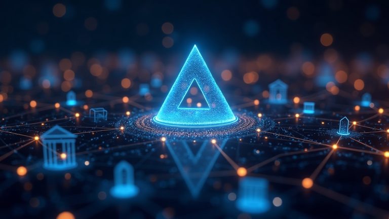 Photorealistic header: Avalanche logo above glowing payment networks linking banks, merchants, and real-world assets.