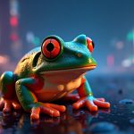 Photorealistic Bitcoin Frog NFT in a neon blockchain city with inscriptions and open offers, signaling Ordinals trading.