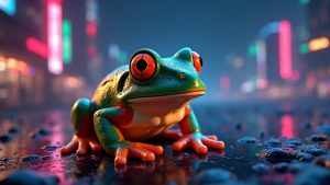Photorealistic Bitcoin Frog NFT in a neon blockchain city with inscriptions and open offers, signaling Ordinals trading.