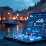 Photorealistic Europe skyline with glowing token shares and a Kinexys-style dashboard on a tablet, Ethereum visuals.