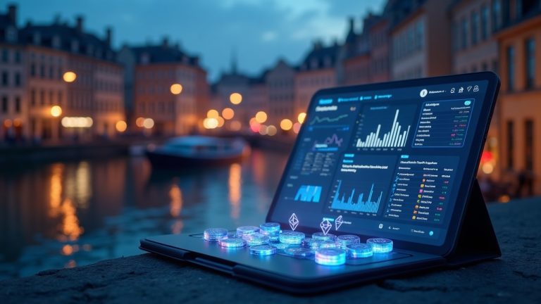 Photorealistic Europe skyline with glowing token shares and a Kinexys-style dashboard on a tablet, Ethereum visuals.