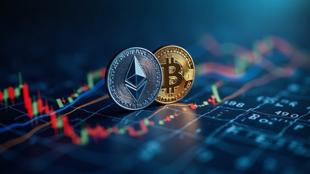 Bitcoin and Ethereum logos above a rising ETF inflows chart with a digital regulatory backdrop.