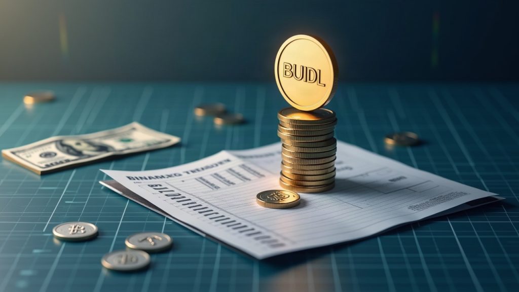Photorealistic finance scene with a BUIDL token rising above a ledger of tokenized Treasuries and a blockchain grid.