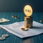 Photorealistic finance scene with a BUIDL token rising above a ledger of tokenized Treasuries and a blockchain grid.