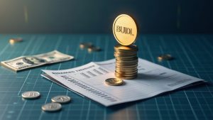 Photorealistic finance scene with a BUIDL token rising above a ledger of tokenized Treasuries and a blockchain grid.