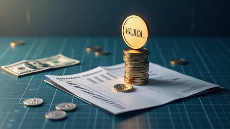Photorealistic finance scene with a BUIDL token rising above a ledger of tokenized Treasuries and a blockchain grid.