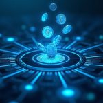Photorealistic image of a digital ledger with tokens flowing into a tokenized Treasury vault, blue institutional tones.