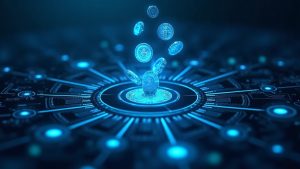 Photorealistic image of a digital ledger with tokens flowing into a tokenized Treasury vault, blue institutional tones.