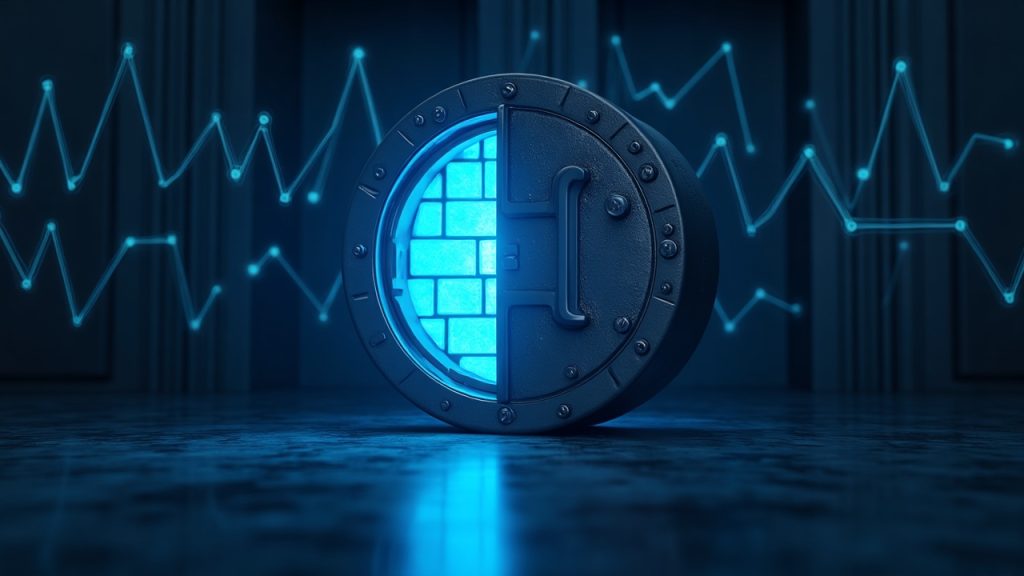 Glowing blue-lit digital vault with a courtroom backdrop and blockchain lines, signaling asset tracing in crypto news