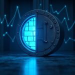 Glowing blue-lit digital vault with a courtroom backdrop and blockchain lines, signaling asset tracing in crypto news