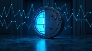 Glowing blue-lit digital vault with a courtroom backdrop and blockchain lines, signaling asset tracing in crypto news