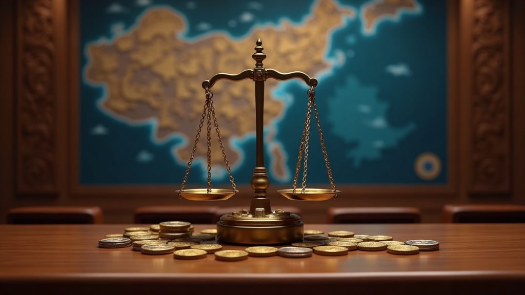 Courtroom scene with glowing ETH and stETH streams, North Korea map backdrop, and coin-made gavel/scales.
