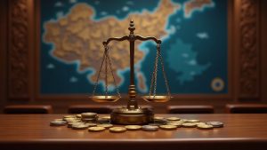 Courtroom scene with glowing ETH and stETH streams, North Korea map backdrop, and coin-made gavel/scales.