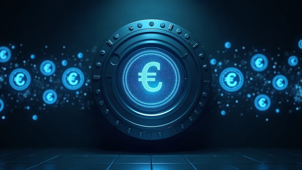 Photorealistic vault with holographic token icons and euro symbols forming a blockchain network, symbolizing tokenization.