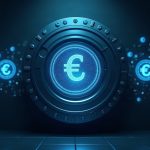 Photorealistic vault with holographic token icons and euro symbols forming a blockchain network, symbolizing tokenization.