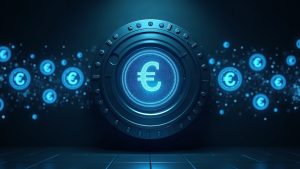 Photorealistic vault with holographic token icons and euro symbols forming a blockchain network, symbolizing tokenization.
