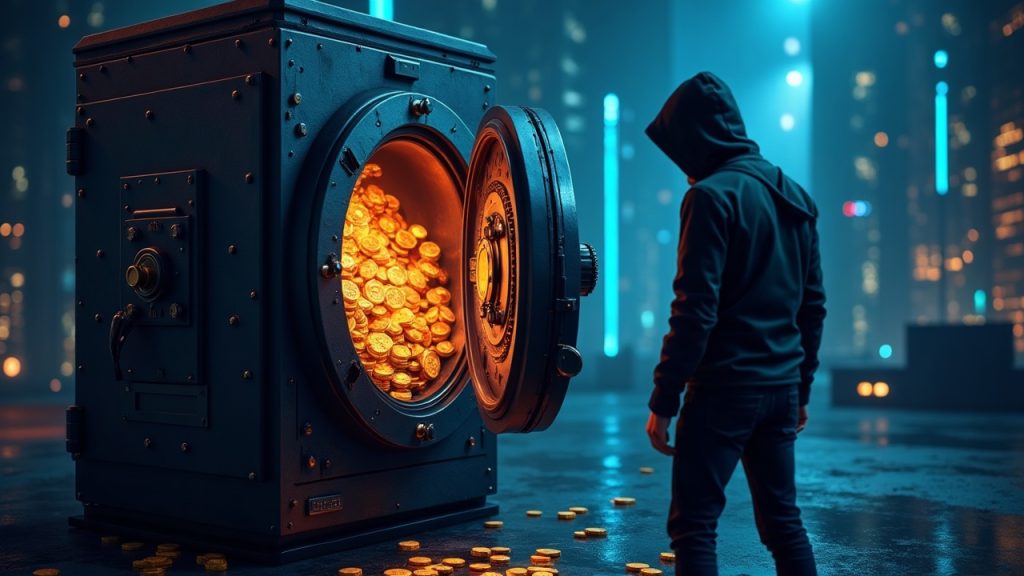 Futuristic crypto vault drained of glowing tokens with a shadowy hacker over on-chain transaction lines.