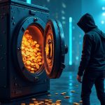 Futuristic crypto vault drained of glowing tokens with a shadowy hacker over on-chain transaction lines.