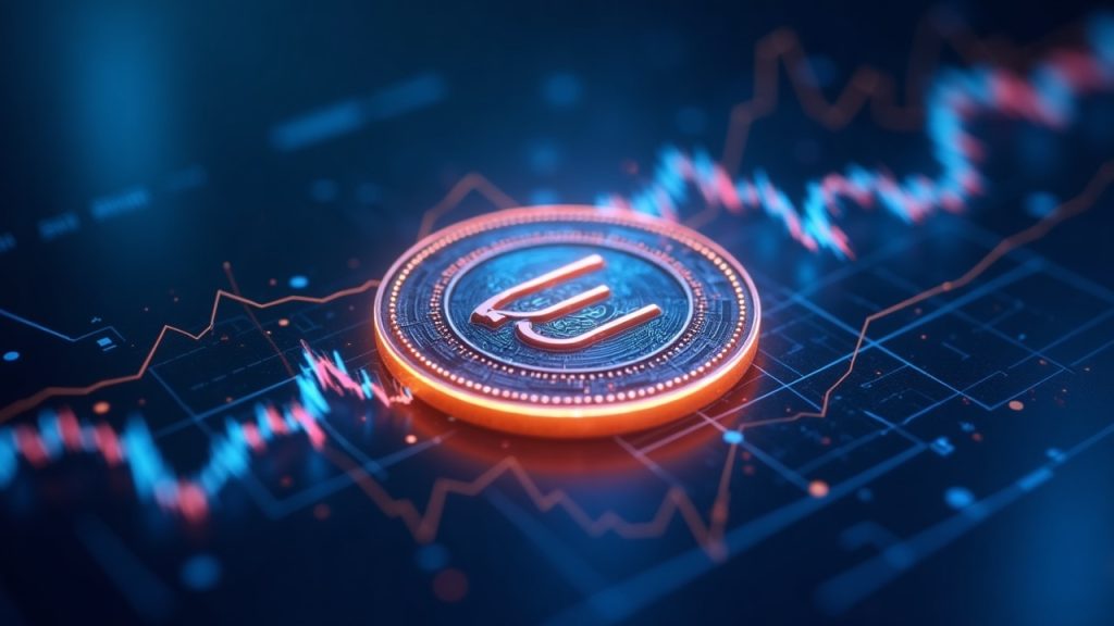 Close-up of a glowing EDEN token with upward-trending lines and rotation arrows on a blue fintech background.
