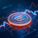 Close-up of a glowing EDEN token with upward-trending lines and rotation arrows on a blue fintech background.