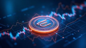 Close-up of a glowing EDEN token with upward-trending lines and rotation arrows on a blue fintech background.