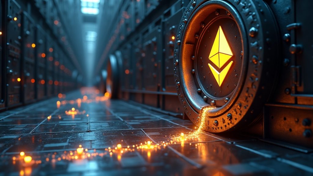 Photorealistic ETH vault connected by glowing yield streams to decentralized nodes, illustrating on-chain investing.
