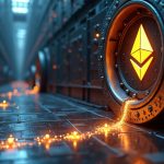 Photorealistic ETH vault connected by glowing yield streams to decentralized nodes, illustrating on-chain investing.