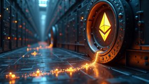 Photorealistic ETH vault connected by glowing yield streams to decentralized nodes, illustrating on-chain investing.
