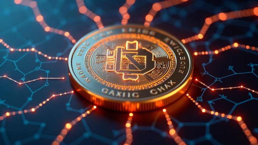 Glowing EURC coin linked by nodes on a digital ledger backdrop, symbolizing on-chain euro liquidity.