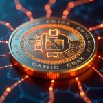 Glowing EURC coin linked by nodes on a digital ledger backdrop, symbolizing on-chain euro liquidity.