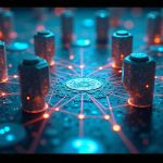 LA Hacks scene: photorealistic hub with AI agents as interconnected nodes coordinating a 50-agent US economy simulation.
