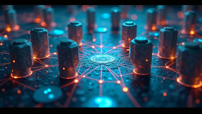 LA Hacks scene: photorealistic hub with AI agents as interconnected nodes coordinating a 50-agent US economy simulation.