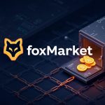 FoxMarket logo with a flickering stale price quote, broken chain links, and glowing FOX staking vaults on a crypto grid.