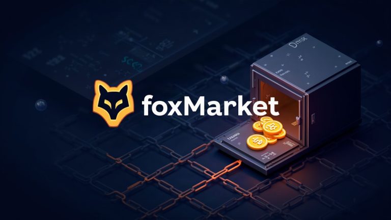 FoxMarket logo with a flickering stale price quote, broken chain links, and glowing FOX staking vaults on a crypto grid.