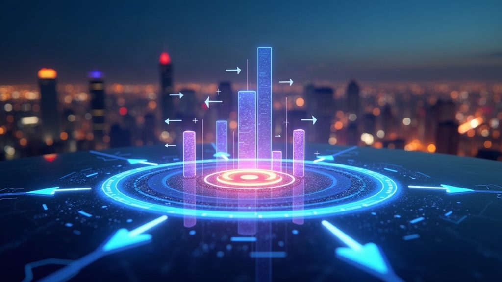 Photorealistic holographic NFT pool emits glowing tokens among trading arrows, set against a futuristic city skyline.