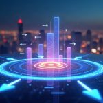 Photorealistic holographic NFT pool emits glowing tokens among trading arrows, set against a futuristic city skyline.
