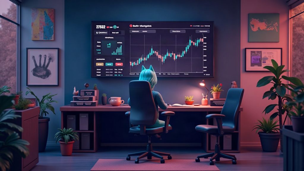 Photoreal crypto newsroom with a GoblinBrokers voxel broker and a Robinhood Chain chart showing 27,532 volume.