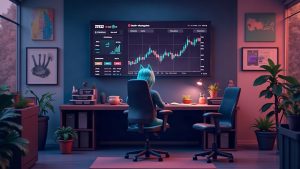 Photoreal crypto newsroom with a GoblinBrokers voxel broker and a Robinhood Chain chart showing 27,532 volume.