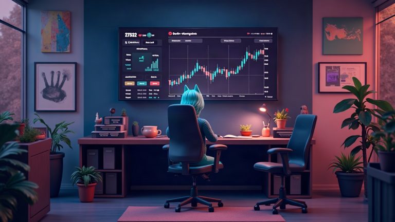 Photoreal crypto newsroom with a GoblinBrokers voxel broker and a Robinhood Chain chart showing 27,532 volume.
