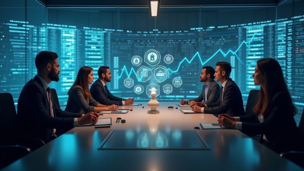 Boardroom of executives evaluating issuer-sponsored tokenization, with holographic tickers and crypto icons.