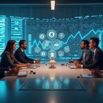 Boardroom of executives evaluating issuer-sponsored tokenization, with holographic tickers and crypto icons.