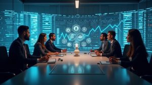 Boardroom of executives evaluating issuer-sponsored tokenization, with holographic tickers and crypto icons.