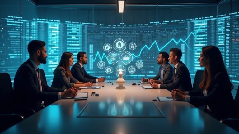 Boardroom of executives evaluating issuer-sponsored tokenization, with holographic tickers and crypto icons.