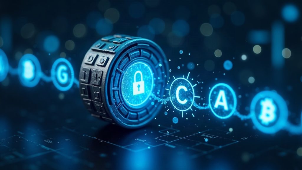 Photorealistic close-up of a digital vault breaking on a glowing blockchain, six glitch icons along the chain, BTC and CACAO symbols.