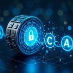Photorealistic close-up of a digital vault breaking on a glowing blockchain, six glitch icons along the chain, BTC and CACAO symbols.