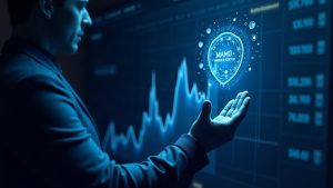 Futuristic Base DeFi lending dashboard shows a rising MAMO price, glowing oracle icon, and a shadowy figure in a cool blue disruption-themed scene.