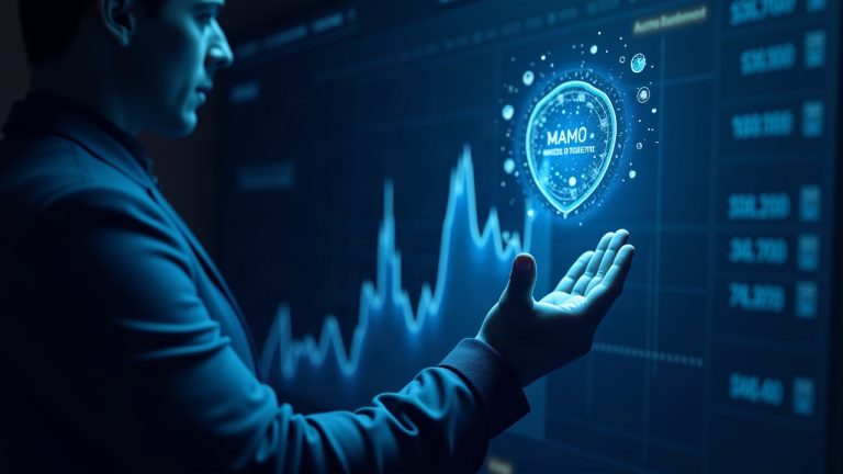Futuristic Base DeFi lending dashboard shows a rising MAMO price, glowing oracle icon, and a shadowy figure in a cool blue disruption-themed scene.